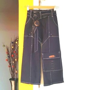 Denim belted pants, girls.